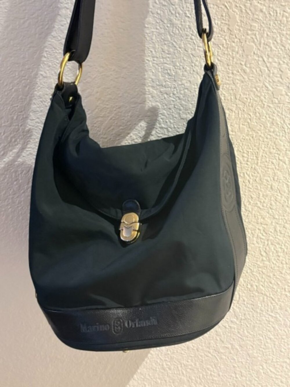 Marino Orlandi Black Nylon & Leather Hobo Shoulder Bag Made in Italy